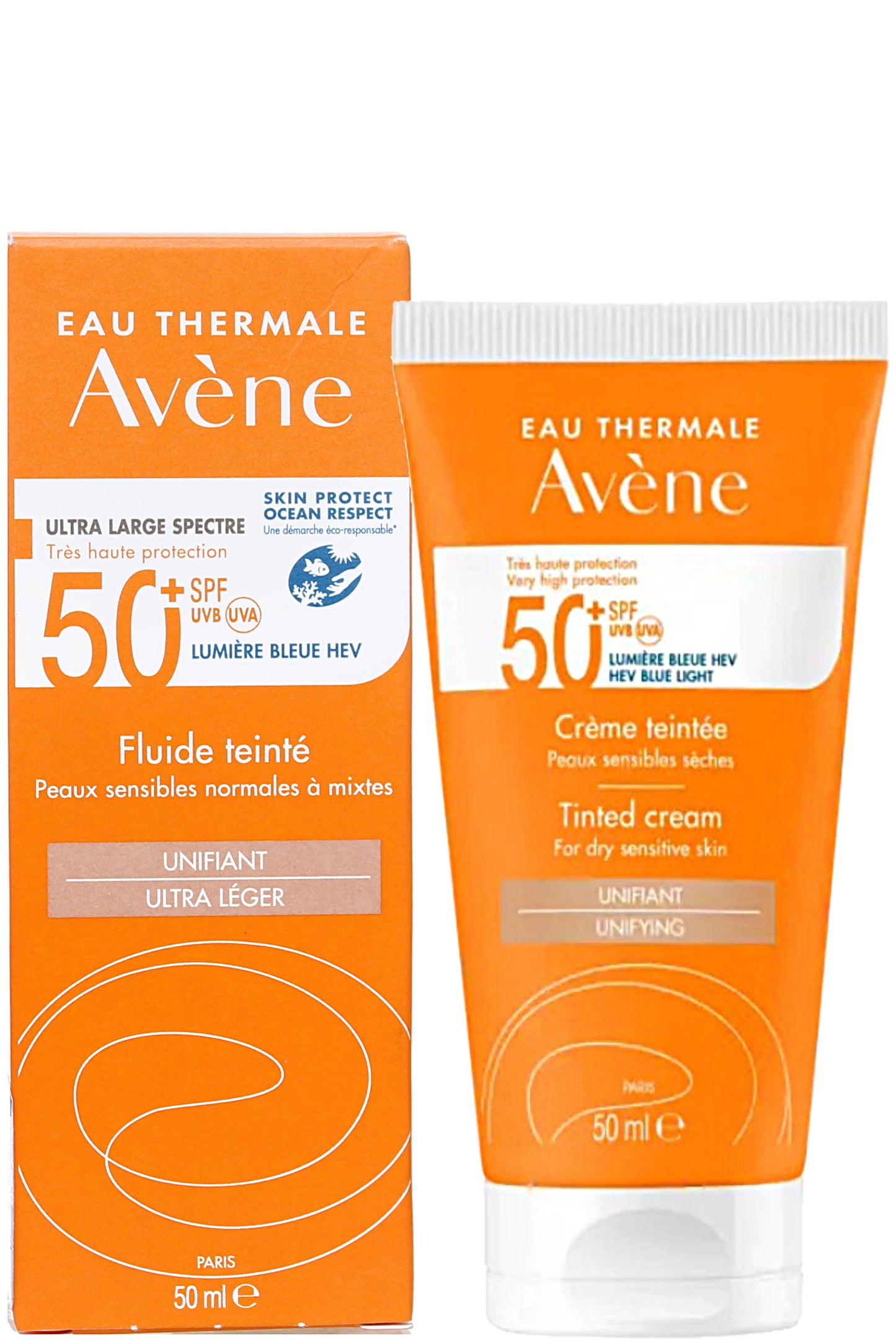 إيمولشن واقي الشمس من أفين SPF50+ مع لون حماية عالية جداً من الأشعة فوق البنفسجية خالٍ من العطور 50مل