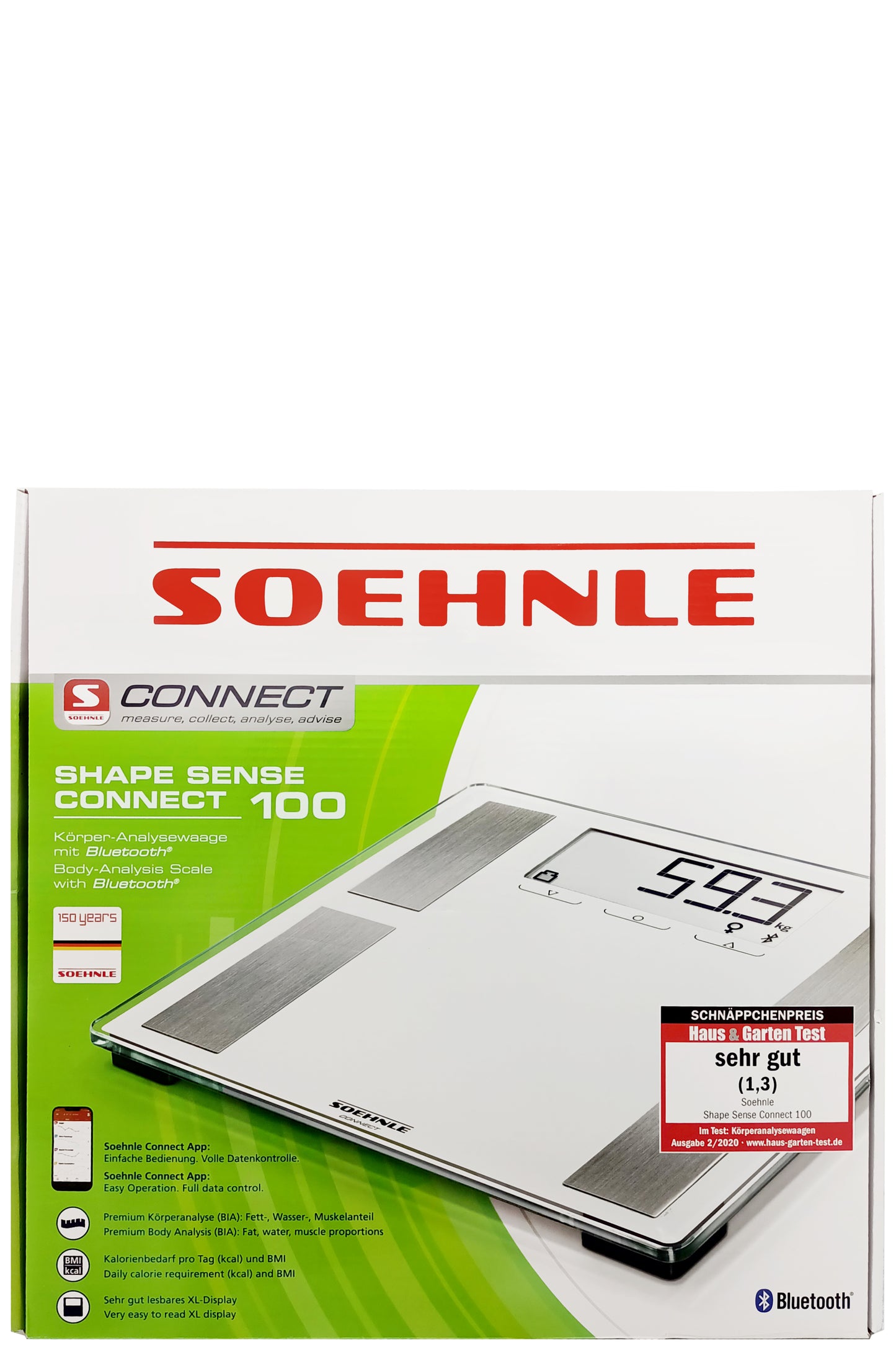 ميزان تحليل الجسم Soehnle Shape Sense Connect 100 مع تحليل المعاوقة الحيوية، سعة عالية 180 كجم، اتصال بالتطبيق، شاشة LCD كبيرة