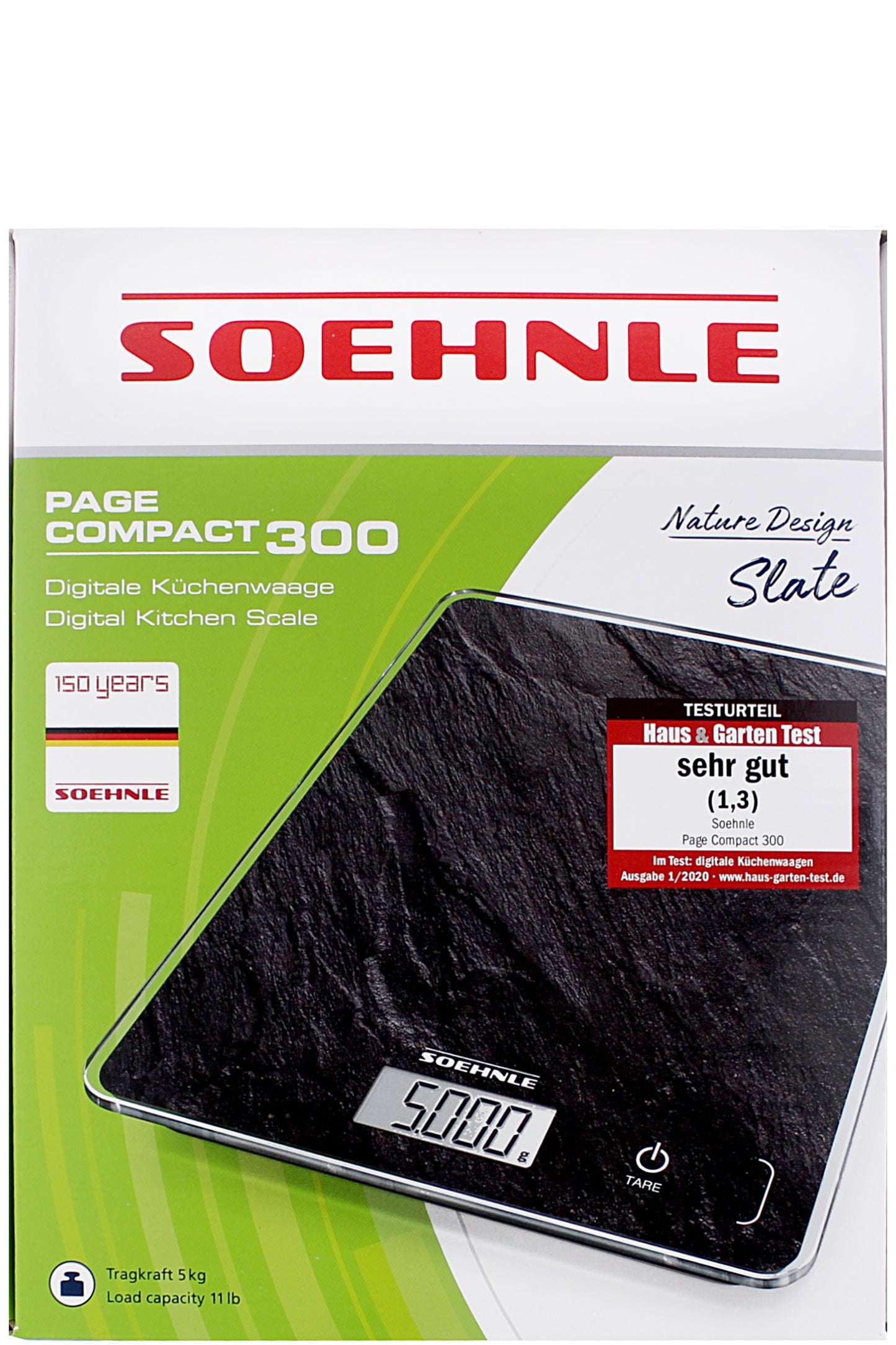 ميزان مطبخ رقمي Soehnle Page Compact 300 Slate عالي الدقة 5 كجم بوظيفة الوزن الفارغ وشاشة LCD وتصميم موفر للمساحة