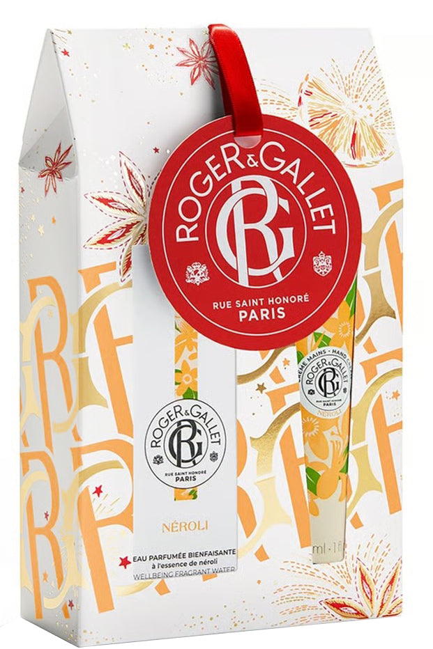 مجموعة هدايا Roger And Gallet Néroli Christmas لعام 2023 - كريم مرطب لليدين وماء عطري بالنيرولي وزهر البرتقال وزهرة الخلود 30 مل و 50 مل بتغليف صديق للبيئة