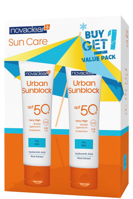 مجموعة نوفاكلير للعناية بالشمس للبشرة الجافة مع واقي شمسي مرطب بعامل حماية SPF 50+ - 2 × 40 مل حماية خفيفة غير دهنية
