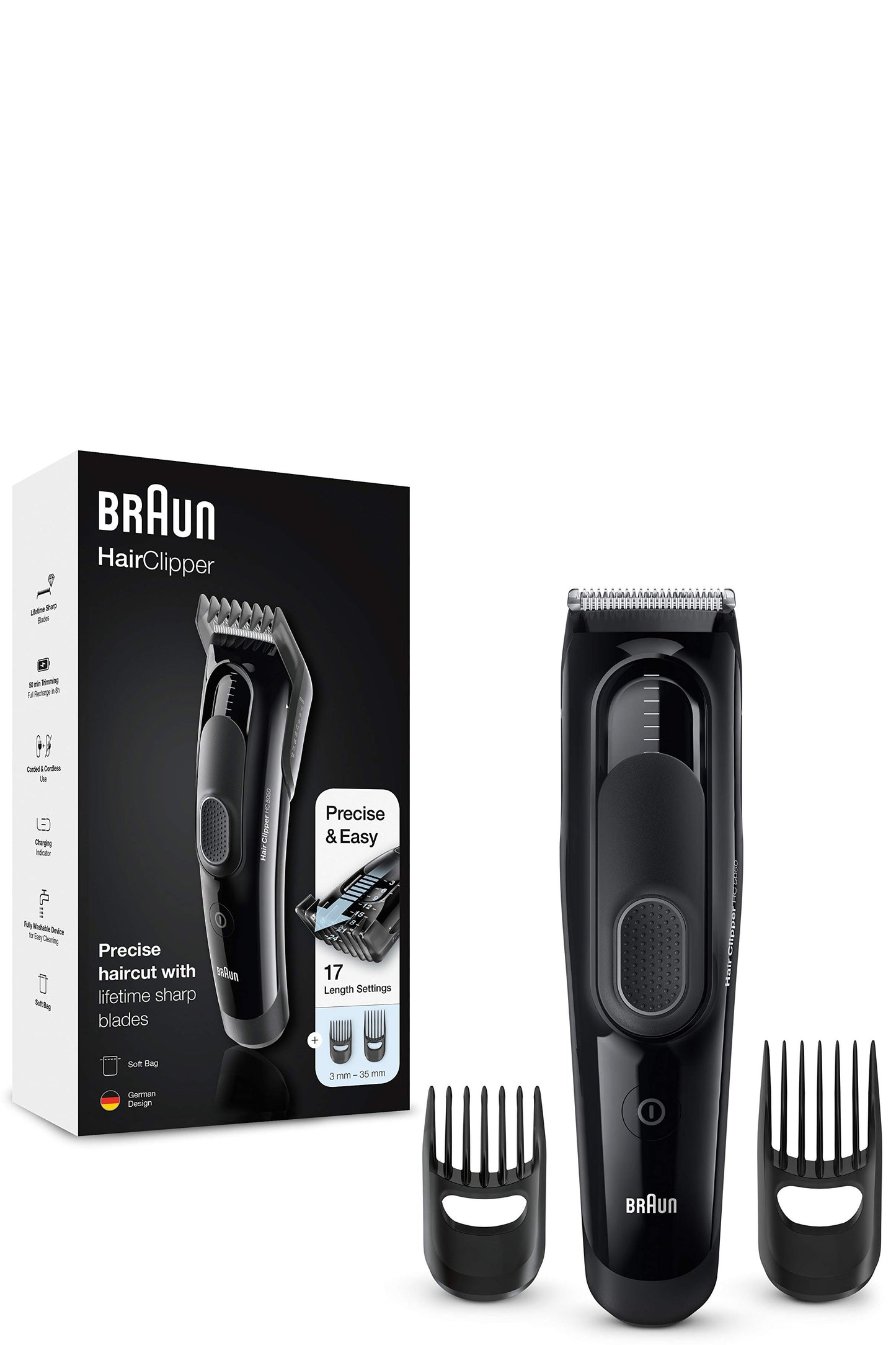 Braun Hc5050 ماكينة قص الشعر التحكم الدقيق في الطول 17 إعدادًا شفرات من الفولاذ المقاوم للصدأ مقبض مريح