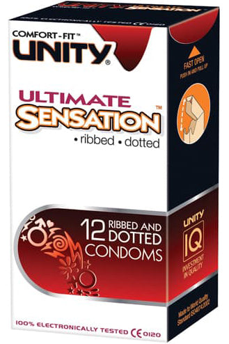 واقيات ذكرية محببة ومنقطة للمتعة القصوى من Unity Ultimate Sensation - لتعزيز العلاقة الحميمة والمتعة - 12 قطعة من المطاط الطبيعي (اللاتكس)