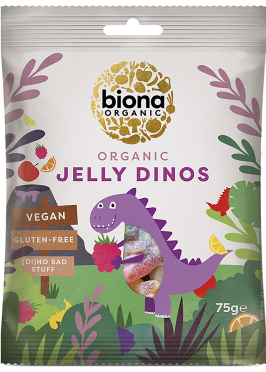 Biona Organic Sour Dinosaur Jellies 75g - حلويات الديناصورات الحامضة العضوية بيونا 75 جرام - على شكل ديناصور، نكهات طبيعية، خالية من الغلوتين