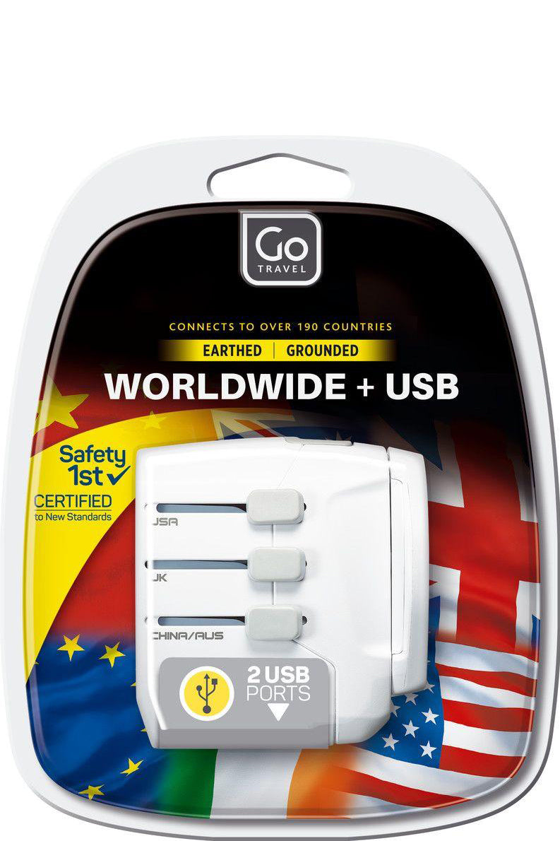 محول Go Travel العالمي + منفذي USB مزدوجين للشحن حول العالم في أكثر من 190 دولة