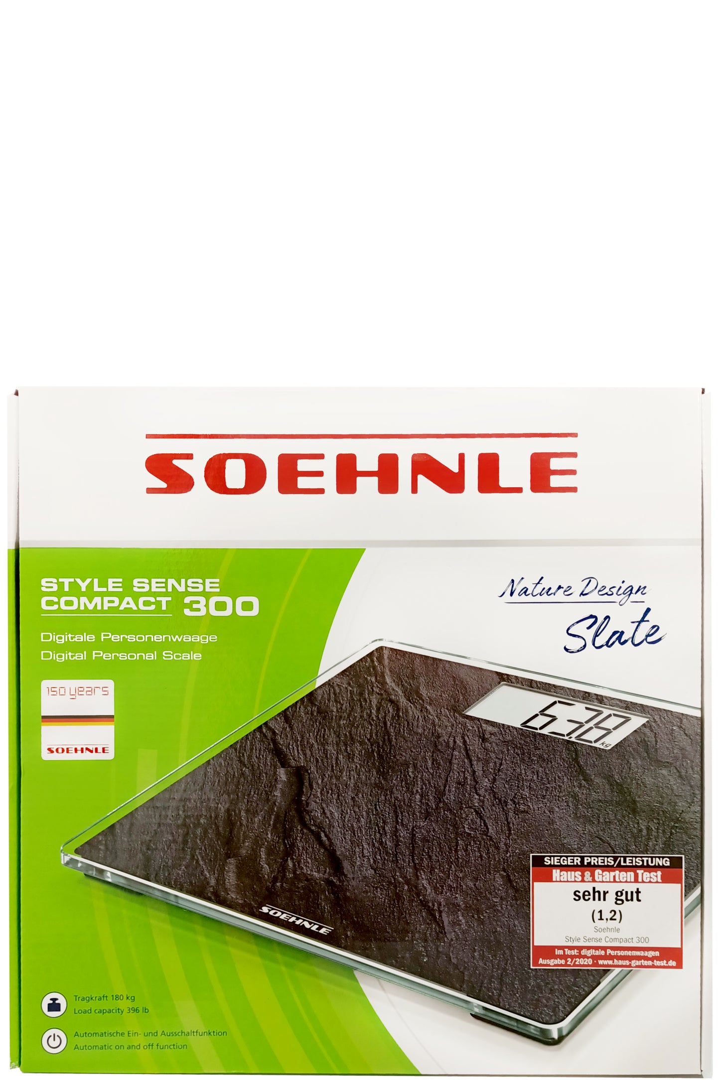 ميزان رقمي شخصي Soehnle Slate 180 كجم دقة عالية شاشة LCD تصميم نحيف للغاية