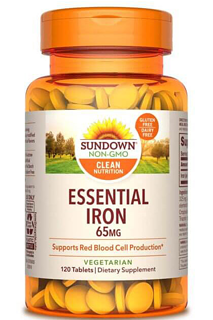 Sundown Naturals حديد 65 ملغ كبريتات الحديدوز لدعم خلايا الدم الحمراء 120 قرصًا