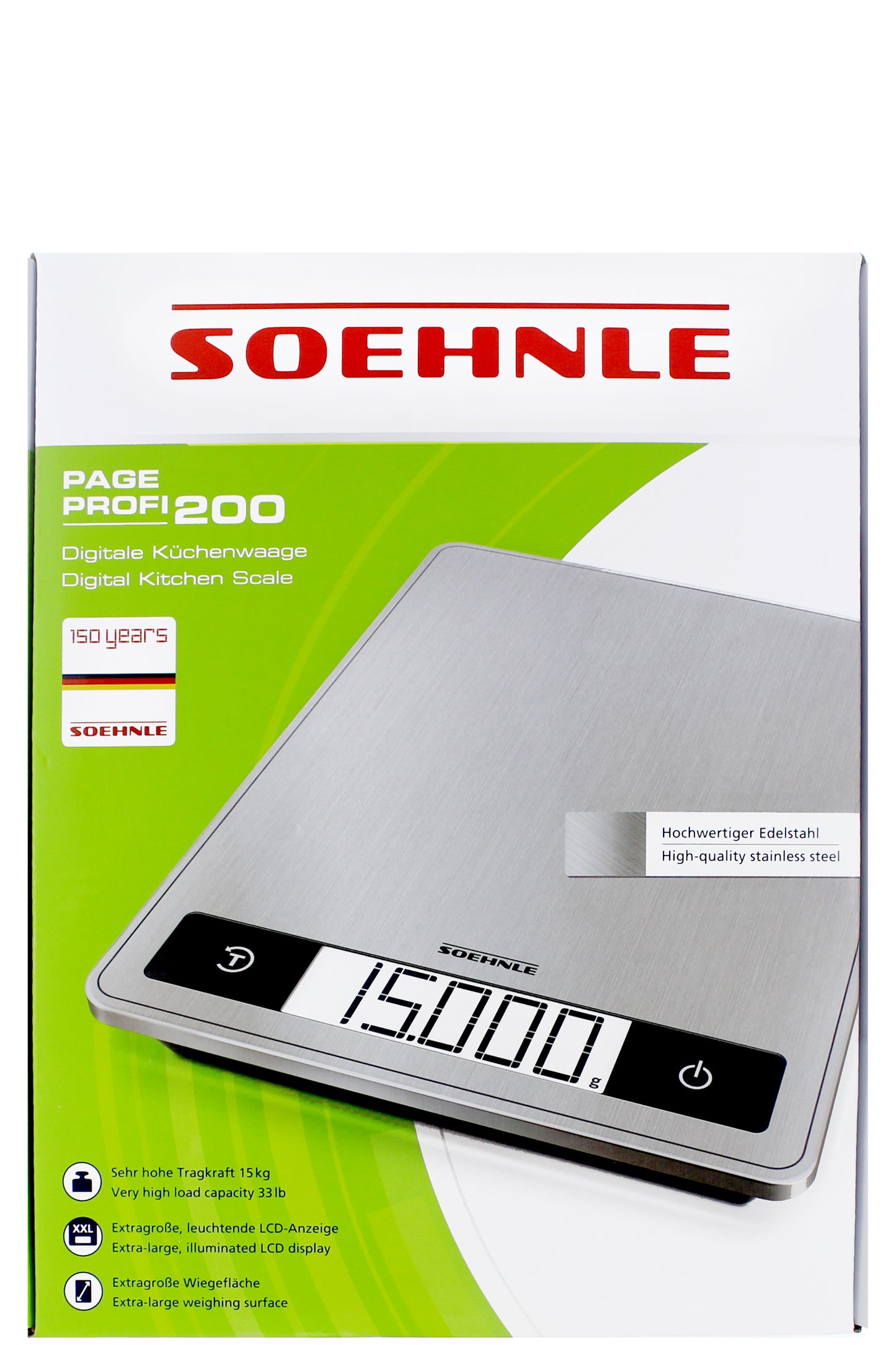 Soehnle Page Profi 200 Digital Kitchen Scale With Stainless Steel Surface, 15kg Capacity, Illuminated Lcd Screen, Tare Function, Space-saving Design