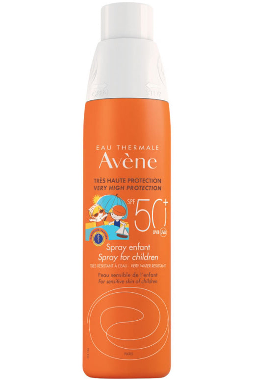 بخاخ أفين واقي شمسي بمعامل حماية +SPF50 للأطفال، حماية عالية جدًا من أشعة UVA/UVB، خالٍ من العطر 200 مل