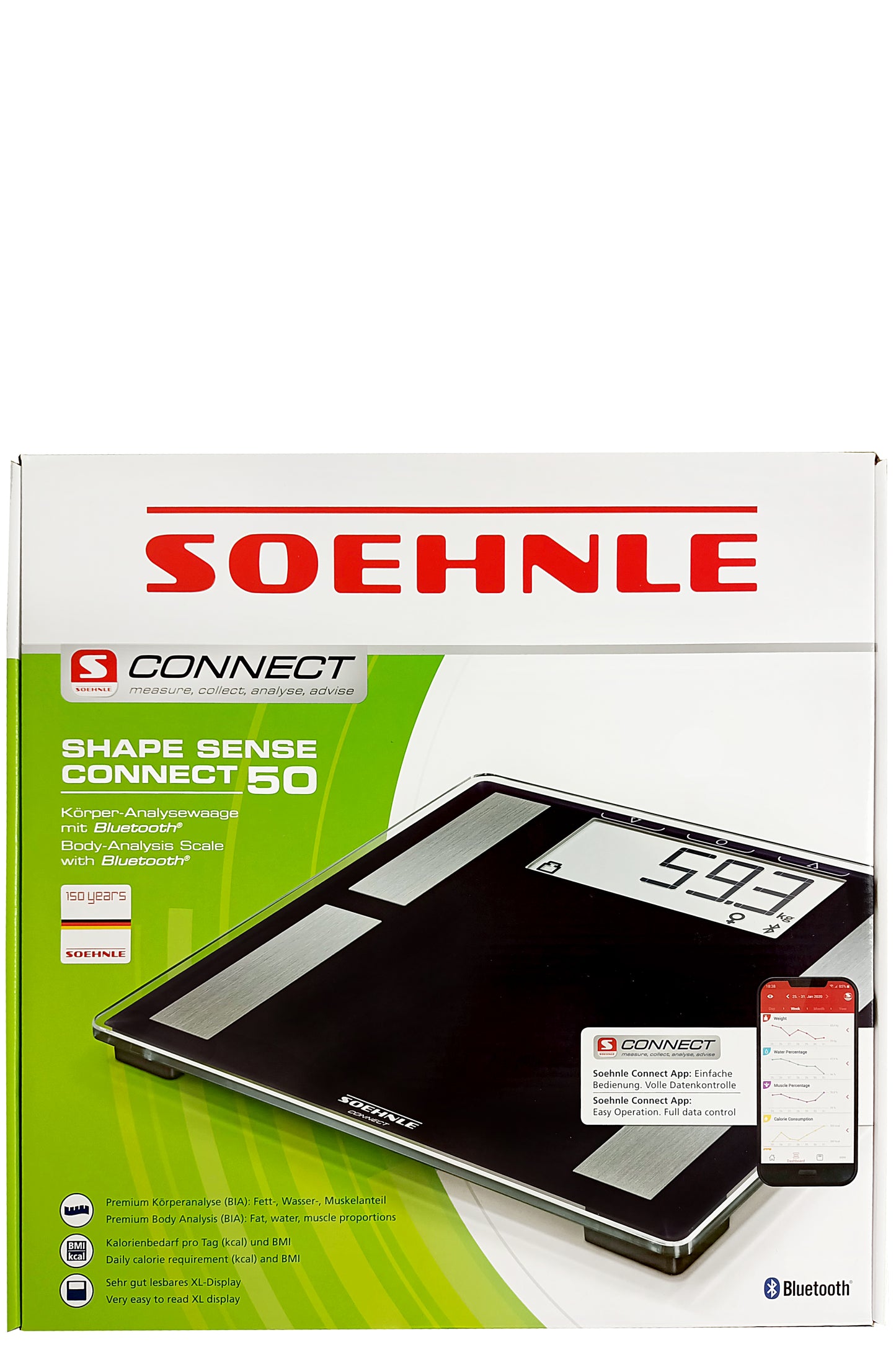 Soehnle Shape Sense Connect 50 Body Analysis Scale With Bluetooth, Bmi Calculation, 180kg Capacity