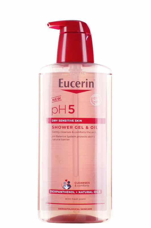 جل استحمام وزيت Eucerin Ph5 للبشرة الجافة والحساسة مع نظام توازن الأس الهيدروجيني، وديكسبانثينول وزيوت طبيعية لتنظيف لطيف وحماية حاجز البشرة
