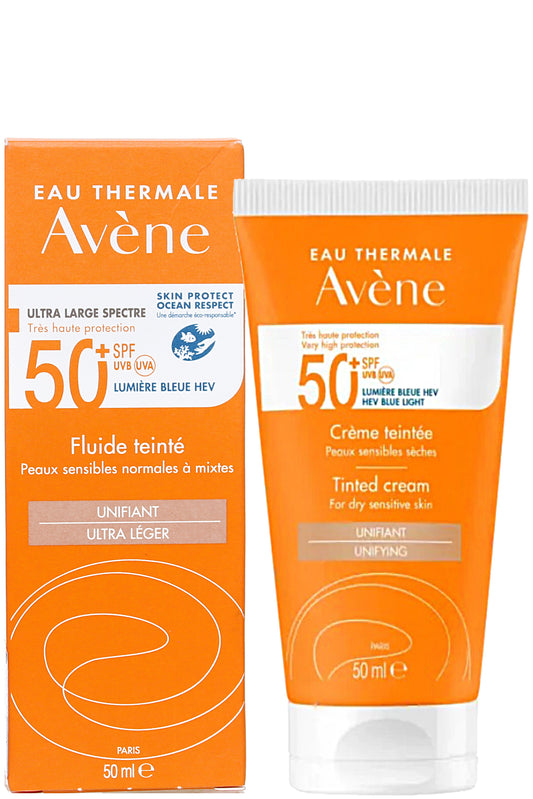 إيمولشن واقي الشمس من أفين SPF50+ مع لون حماية عالية جداً من الأشعة فوق البنفسجية خالٍ من العطور 50مل