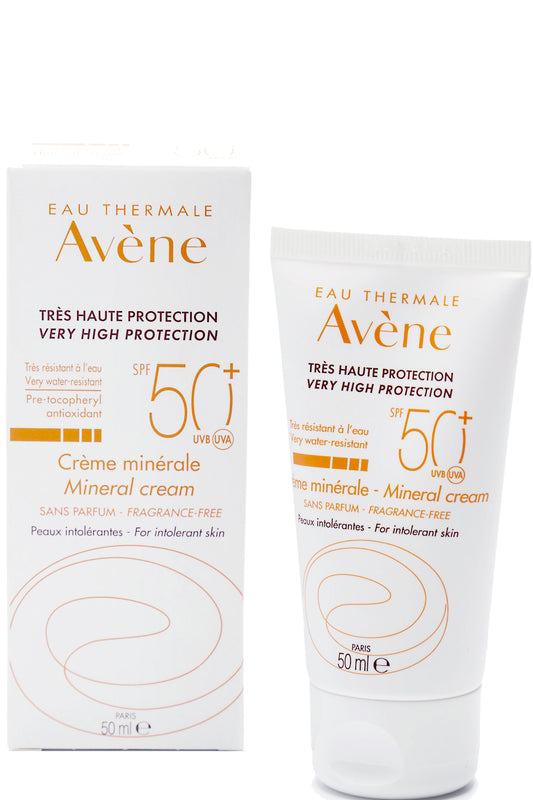 كريم واقي شمس معدني SPF50+ من أفين، غير دهني ومقاوم للماء، حماية للبشرة الحساسة 50 مل