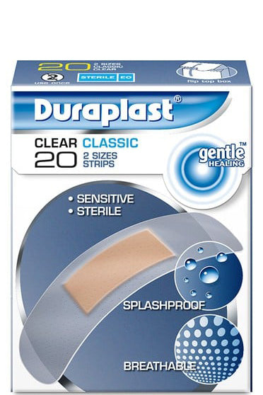 لاصقات Duraplast الشفافة مزدوجة الجوانب الشافية للبشرة الحساسة - لا تسبب الحساسية، مرنة، مقاومة للرطوبة، 20 قطعة