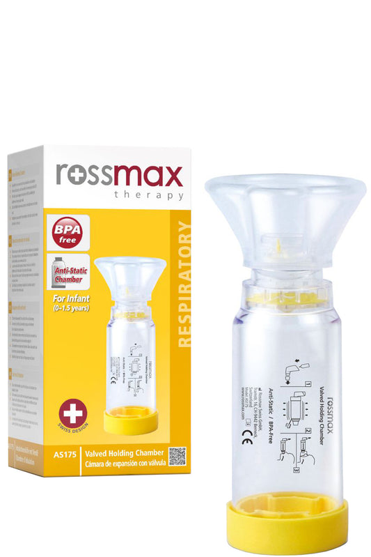 فاصل الغرفة الصغيرة Rossmax لأجهزة الاستنشاق بالجرعات المقننة - تصميم مضاد للكهرباء الساكنة مع قناع سيليكون ناعم، سعة 175 مل، محمول وسهل التنظيف