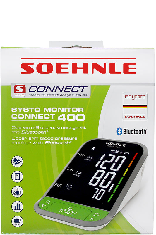 جهاز قياس ضغط الدم Soehnle Systo Monitor Connect 400 بتقنية البلوتوث مع شاشة عرض LCD كبيرة للغاية، وميزة اكتشاف عدم انتظام ضربات القلب، وسوار قابل للتعديل