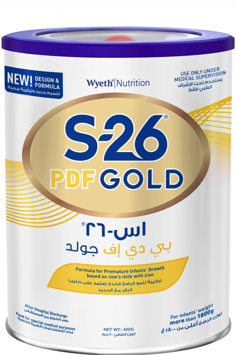 S-26 Pdf Gold تركيبة للرضع الخدج مدعمة بالحديد للدعم الغذائي 400 جرام