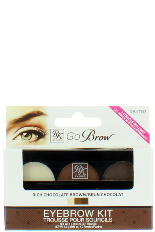 Kiss Rk Go Brow Kit Rich Chocolate Brown - 3 أشكال، بودرتان، شمع لحواجب مثالية