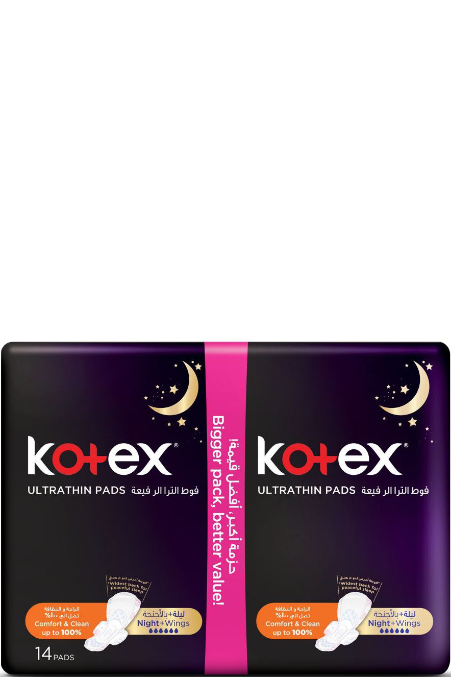 Kotex Ultra Thin Overnight Wings 14 Pads - Wider Back For Peaceful Sleep