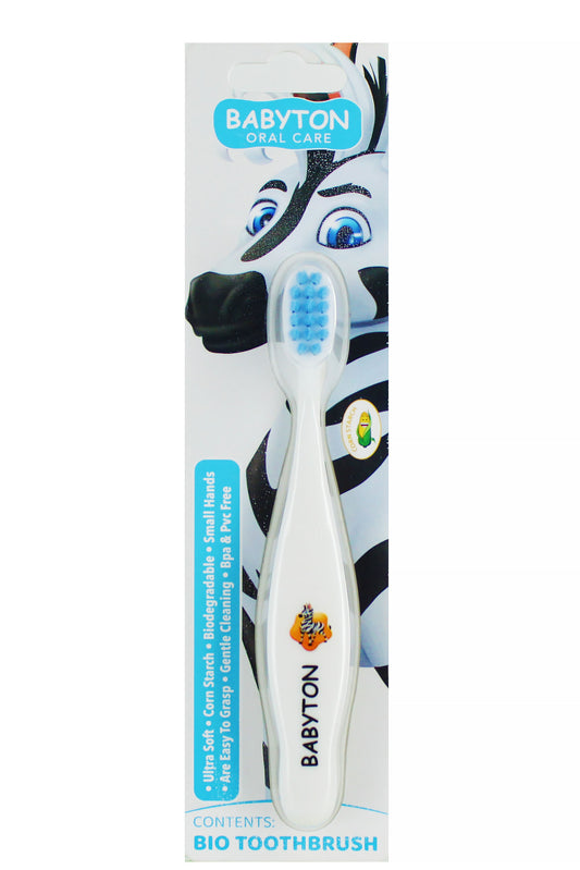 Babyton Bio Toothbrush Zebra فرشاة أسنان بيو فائقة النعومة من نشا الذرة قابلة للتحلل وخالية من مادة BPA والـ PVC للرضع والأطفال الصغار