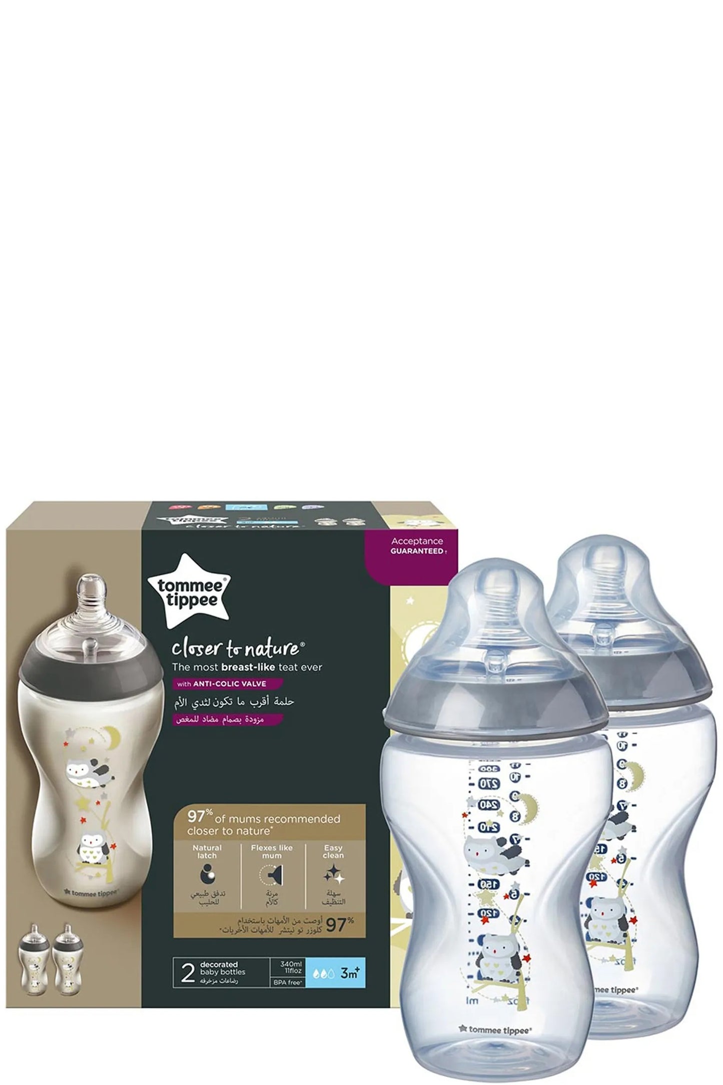 زجاجات إرضاع الأطفال أقرب للطبيعة من تومي تيبي (Tommee Tippee Closer To Nature) مزودة بصمام مضاد للمغص، سعة 340 مل، عبوة توأم للأولاد