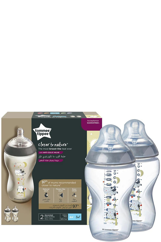 زجاجات إرضاع الأطفال أقرب للطبيعة من تومي تيبي (Tommee Tippee Closer To Nature) مزودة بصمام مضاد للمغص، سعة 340 مل، عبوة توأم للأولاد