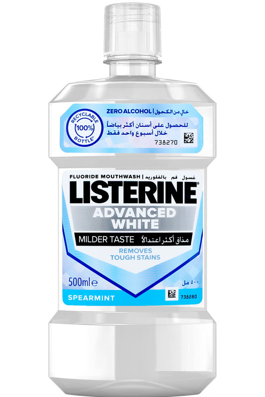 غسول الفم ليسترين أدفانسد وايت بالمذاق المعتدل 500 مل - تركيبة تبييض خالية من الكحول