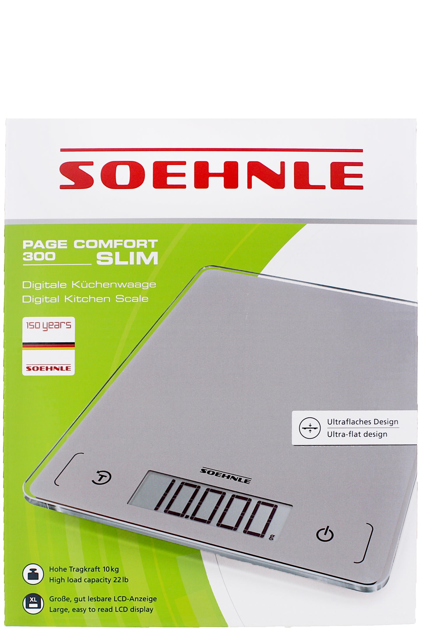 ميزان مطبخ رقمي Soehnle Page Comfort 300 Slim عالي سعة الوزن 10 كجم شاشة LCD كبيرة جدًا وظيفة الوزن الفارغ