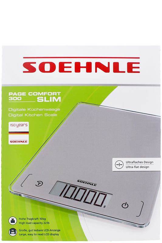 ميزان مطبخ رقمي Soehnle Page Comfort 300 Slim عالي سعة الوزن 10 كجم شاشة LCD كبيرة جدًا وظيفة الوزن الفارغ