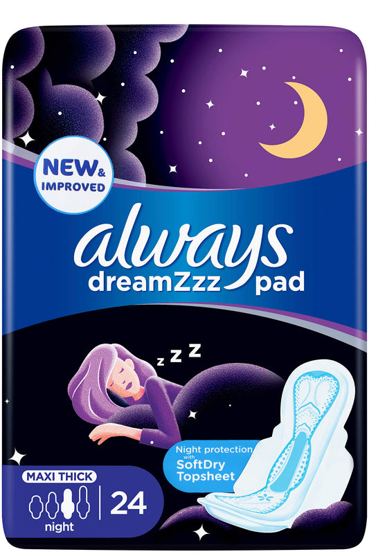 Always Dreamzpad Nightwings 24 فوطة لحماية مريحة وناعمة طوال الليل