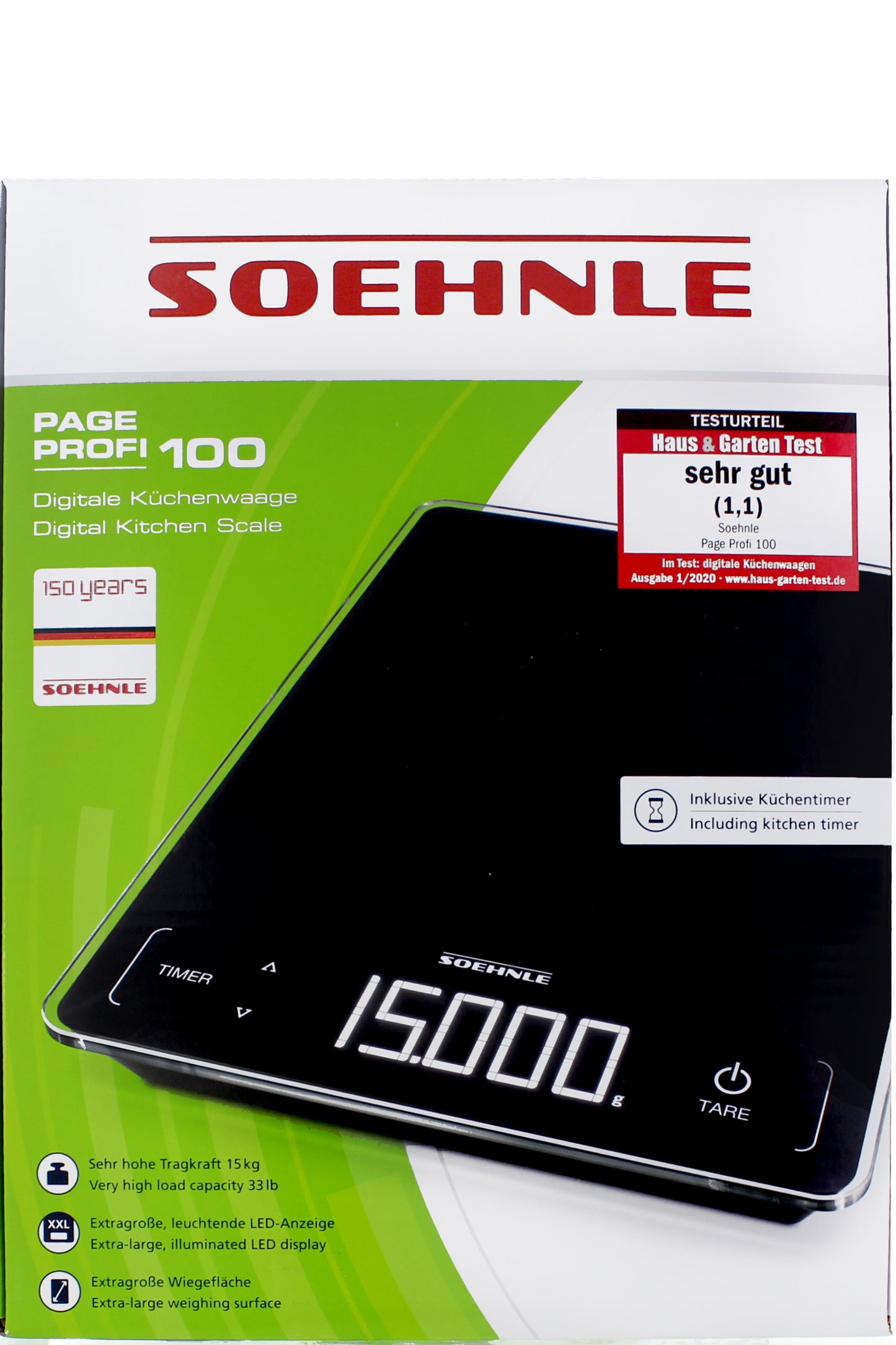 ميزان مطبخ رقمي Soehnle Page Profi 100 بوظيفة المؤقت 15 كجم - شاشة LED كبيرة جدًا، دقة عالية، وظيفة الوزن الفارغ، تصميم نحيف للغاية
