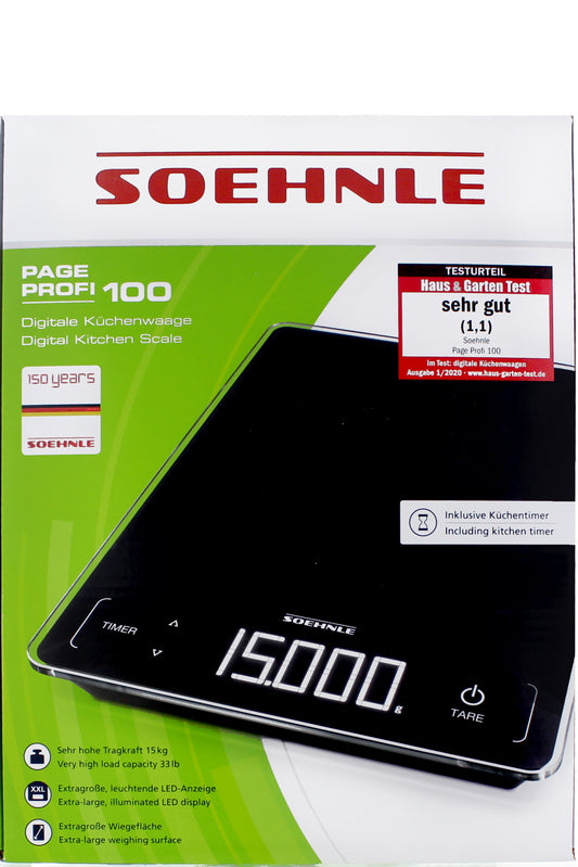ميزان مطبخ رقمي Soehnle Page Profi 100 بوظيفة المؤقت 15 كجم - شاشة LED كبيرة جدًا، دقة عالية، وظيفة الوزن الفارغ، تصميم نحيف للغاية