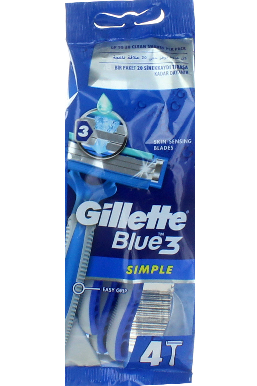 Gillette Blue Razor 3 Simple Disposable - 4 Pieces For Close And Comfortable Shaves