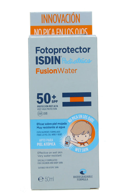 واقي الشمس للأطفال Isdin Fotoprotector Fusion Water Pediatrics بعامل حماية 50+، واقي شمسي مائي آمن على البشرة الحساسة والعينين، مقاوم جدًا للماء، 50 مل
