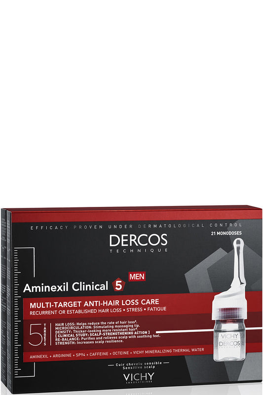 Vichy Dercos Aminexil Clinical 5 علاج تساقط الشعر للرجال - 21 جرعة - يقلل تساقط الشعر بفضل الأمينكسيل والكافيين - يقوي الشعر ويلطف فروة الرأس