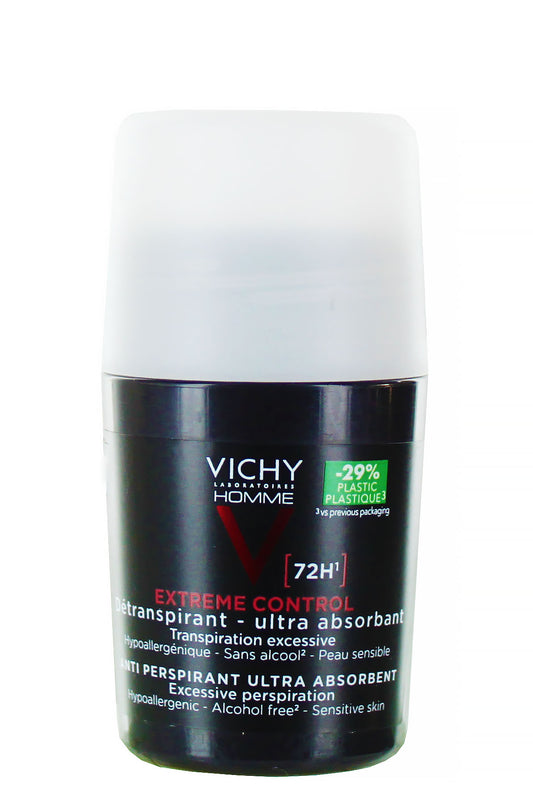 Vichy Homme 72h مضاد للتعرق بتهدئة البشرة الحساسة 50 مل - خالٍ من الكحول والبارابين، غير لاصق، تركيبة فائقة الامتصاص