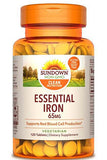 Sundown Naturals حديد 65 ملغ كبريتات الحديدوز لدعم خلايا الدم الحمراء 120 قرصًا