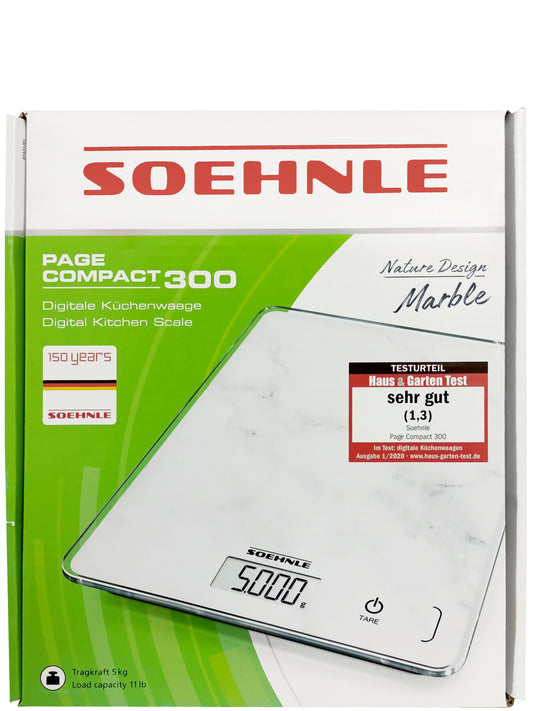 ميزان مطبخ رقمي Soehnle Page Compact 300 Marble لوزن دقيق 5 كجم، شاشة ال سي دي، وظيفة الوزن الفارغ، تصميم مضاد للانزلاق