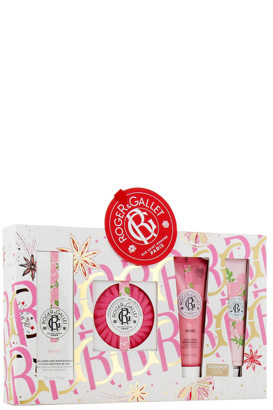 مجموعة هدايا الكريسماس Roger And Gallet Rose 2023 - عناية فاخرة للجسم بروائح الأزهار مع اليوسفي والورد الدمشقي والمسك - ماء معطر 30 مل، صابون 100 غرام، لوشن 50 مل، كريم يدين 30 مل