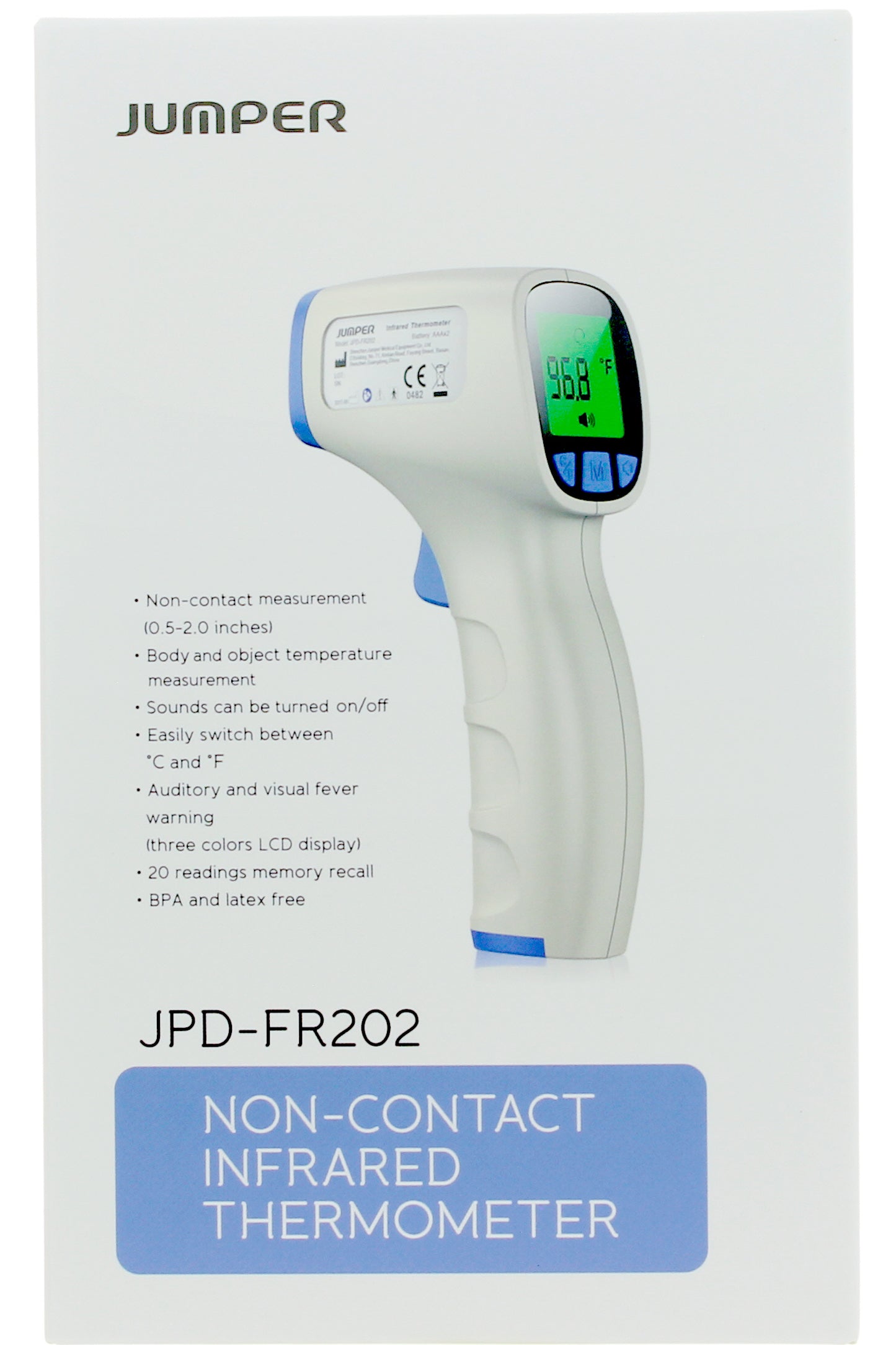 Jumper Non-contact Infrared Forehead Thermometer - Quick And Accurate Temperature Readings, Large Backlit Lcd Display, Dual Temperature Modes