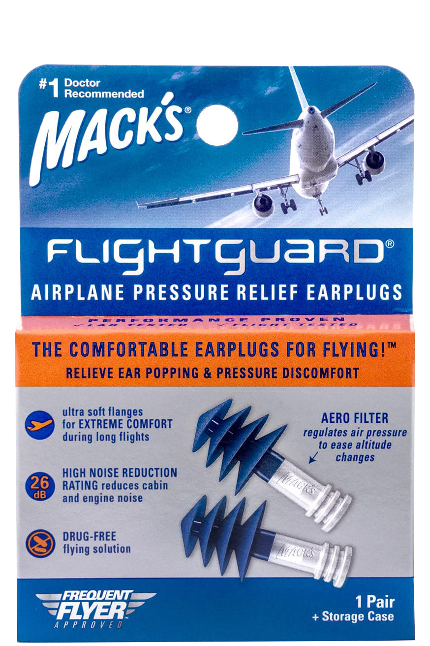 سدادات الأذن Flight Guard من Mack's لتخفيف الضغط المريح للسفر الجوي بتصميم من الفوم الناعم - مقاس واحد يناسب الأغلبية