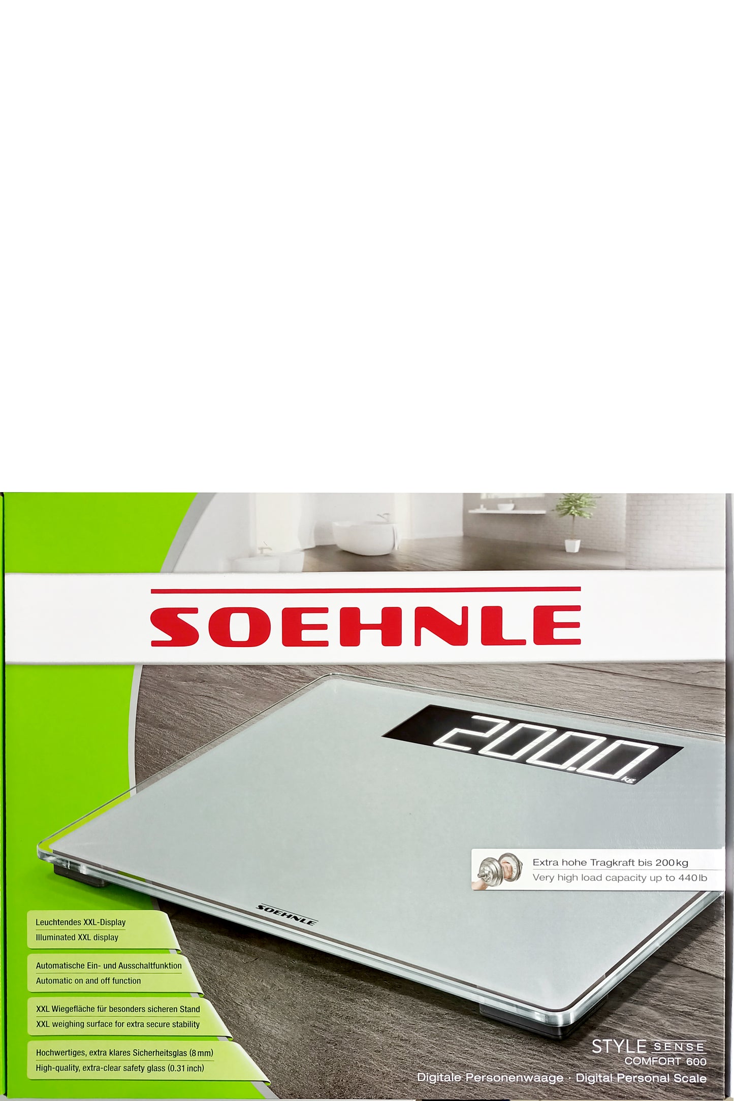 ميزان شخصي رقمي Soehnle Style Sense Comfort 600 بشاشة LCD مضيئة، سعة 200 كجم، تصميم مضاد للانزلاق، عمر بطارية طويل