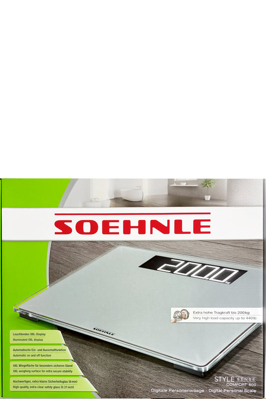 ميزان شخصي رقمي Soehnle Style Sense Comfort 600 بشاشة LCD مضيئة، سعة 200 كجم، تصميم مضاد للانزلاق، عمر بطارية طويل